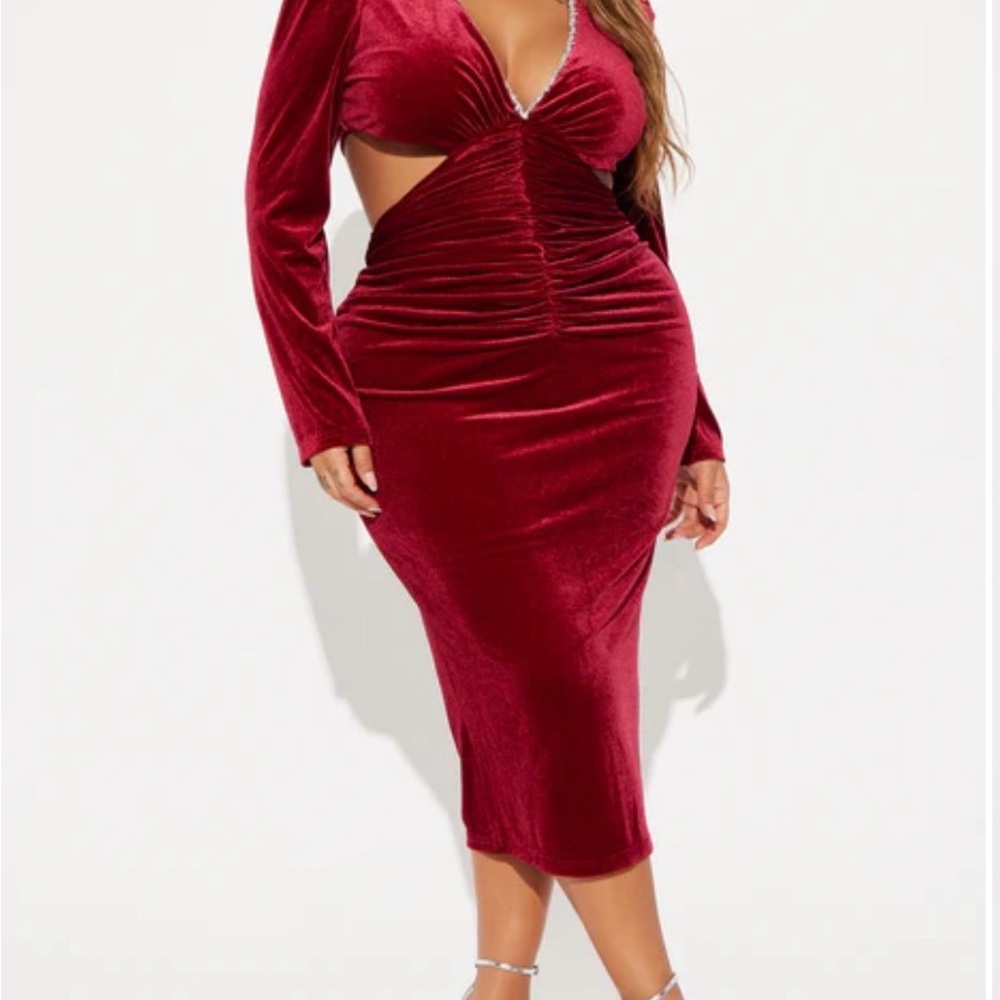 Fashion Nova Burgundy Velvet Midi Dress